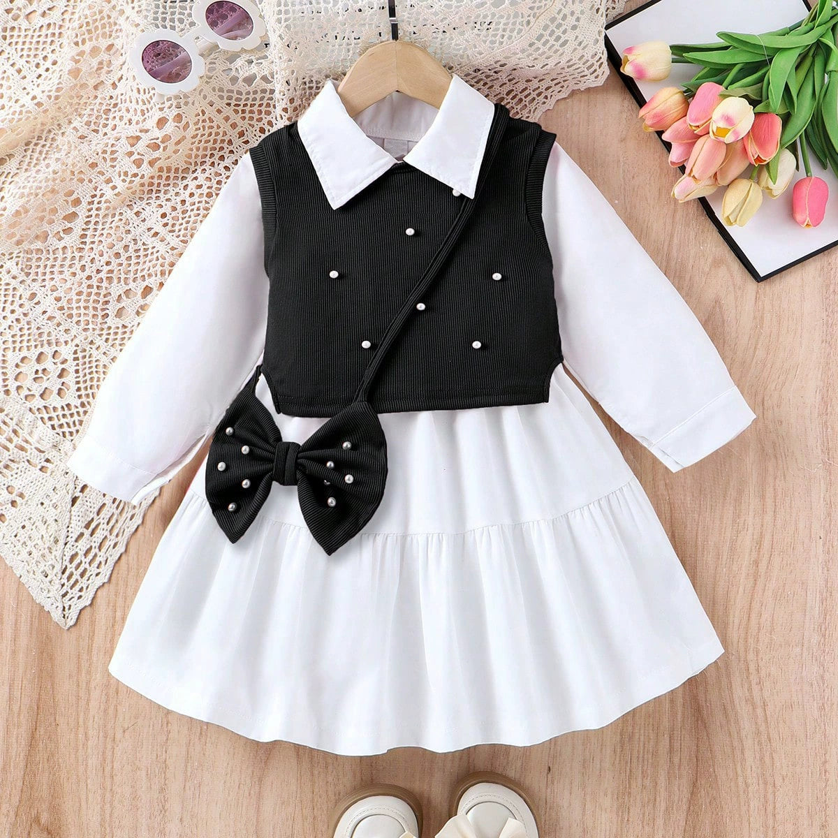 Conjunto Infantil Feminino Vestido + Colete Pérolas
