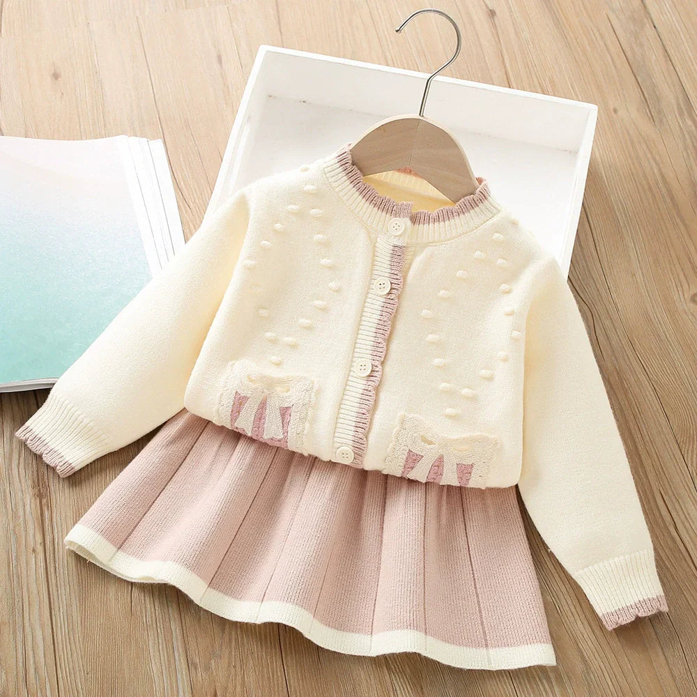 Conjunto Infantil Feminino Tricô Lacinho Plíssado